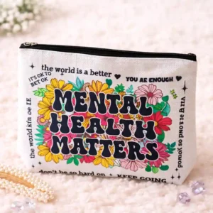 Pochette Mental Health Matters Bianca | Beauty Case con Messaggio Positivo | La salute mentale è importante