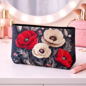 Pochette Floreale Nera con Fiori Rossi e beige con zip | Beauty Case Elegante per chi ama i motivi floreali eleganti e decorativi