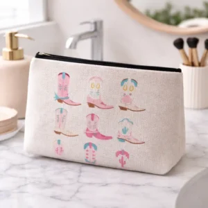 Pochette Stivali Cowboy con Zip | Beauty Case con Fantasia Western | Stivali cowgirl di colore rosa, turchese e marrone