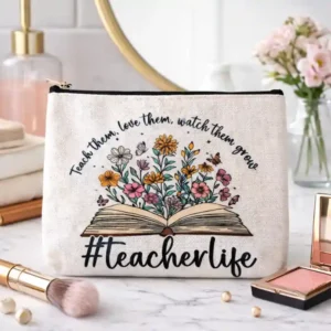 Pochette #Teacherlife Bianca con Zip | Beauty Case Idea Regalo per insegnanti, maestre, professoresse, educatrici