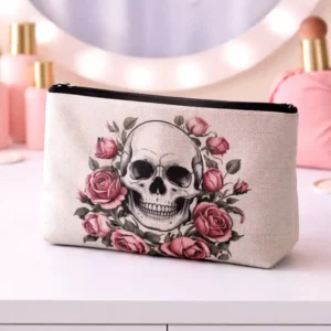 Pochette Teschio e Rose con zip | Beauty Case Dark Floreale con teschio e rose rosa | Gothic o tattoo-inspired