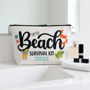 Pochette per il mare Beach Survival Kit Bianca con zip| Beauty Case Mare con Icone Tropicali per spiaggia e vacanza