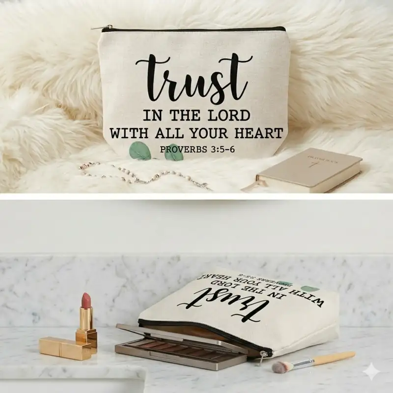 Pochette Trust in the Lord con Zip | Beauty Case con Versetto Biblico | Credi nel Signore con tutto il tuo cuore Proverbi 3:5-6 - immagine 3