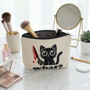 Pochette Gatto "What?" con Zip | Beauty Case Ironico per amante dei gatti | Idea regalo per cat lover e dark humor