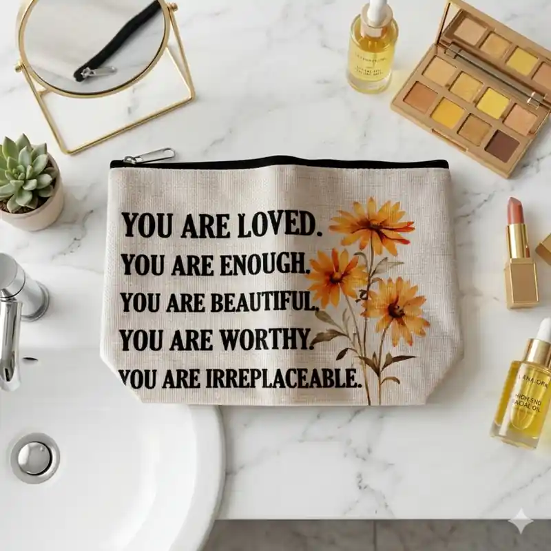 Pochette You Are Loved con fiori e zip | Beauty Case con Messaggio Ispirazionale e di amore diretto con cuori rossi - immagine 2