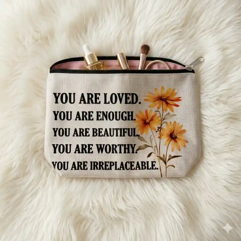 Pochette You Are Loved con fiori e zip | Beauty Case con Messaggio Ispirazionale e di amore diretto con cuori rossi - immagine 5