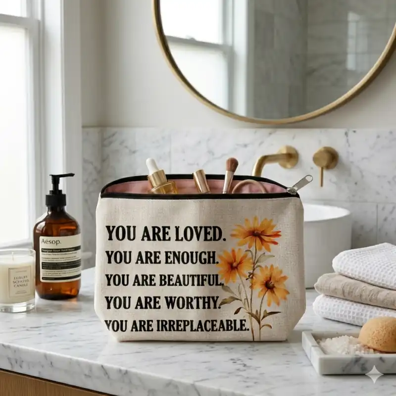 Pochette You Are Loved con fiori e zip | Beauty Case con Messaggio Ispirazionale e di amore diretto con cuori rossi