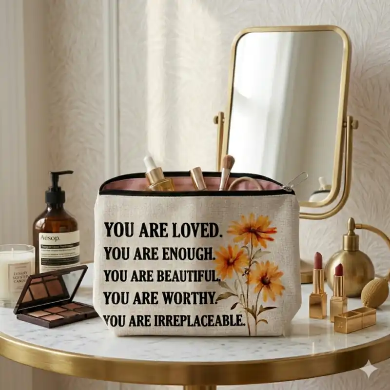 Pochette You Are Loved con fiori e zip | Beauty Case con Messaggio Ispirazionale e di amore diretto con cuori rossi - immagine 4