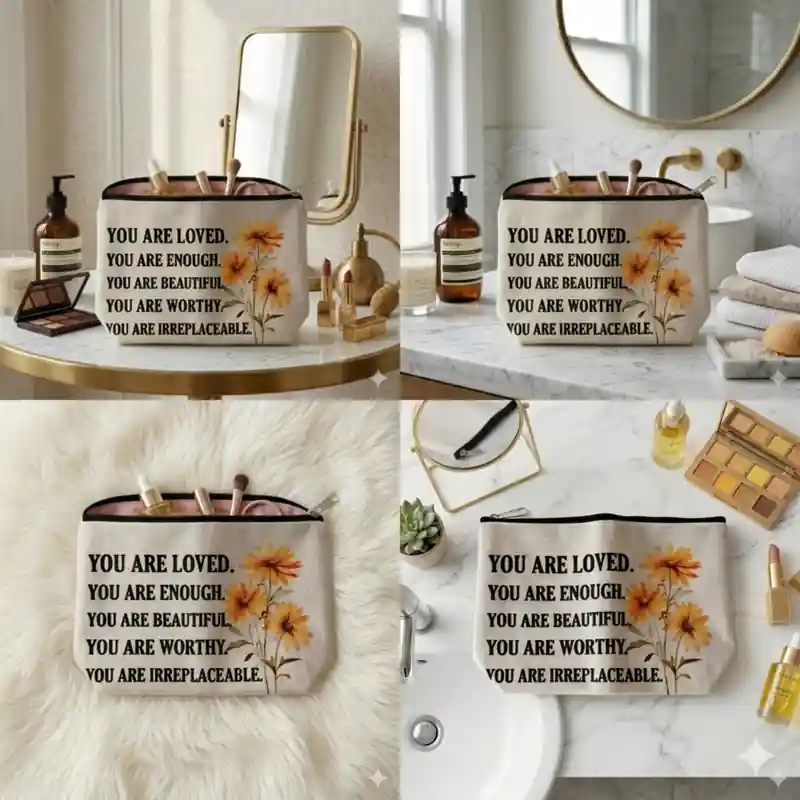 Pochette You Are Loved con fiori e zip | Beauty Case con Messaggio Ispirazionale e di amore diretto con cuori rossi - immagine 3